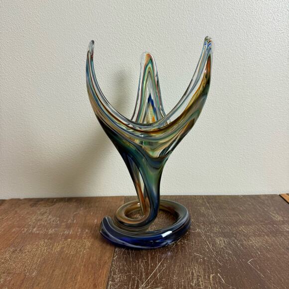 MCM Vintage Blue Green Murano Style Stretched Serpentine Vase Blown Art‎ Glass - Picture 2 of 9